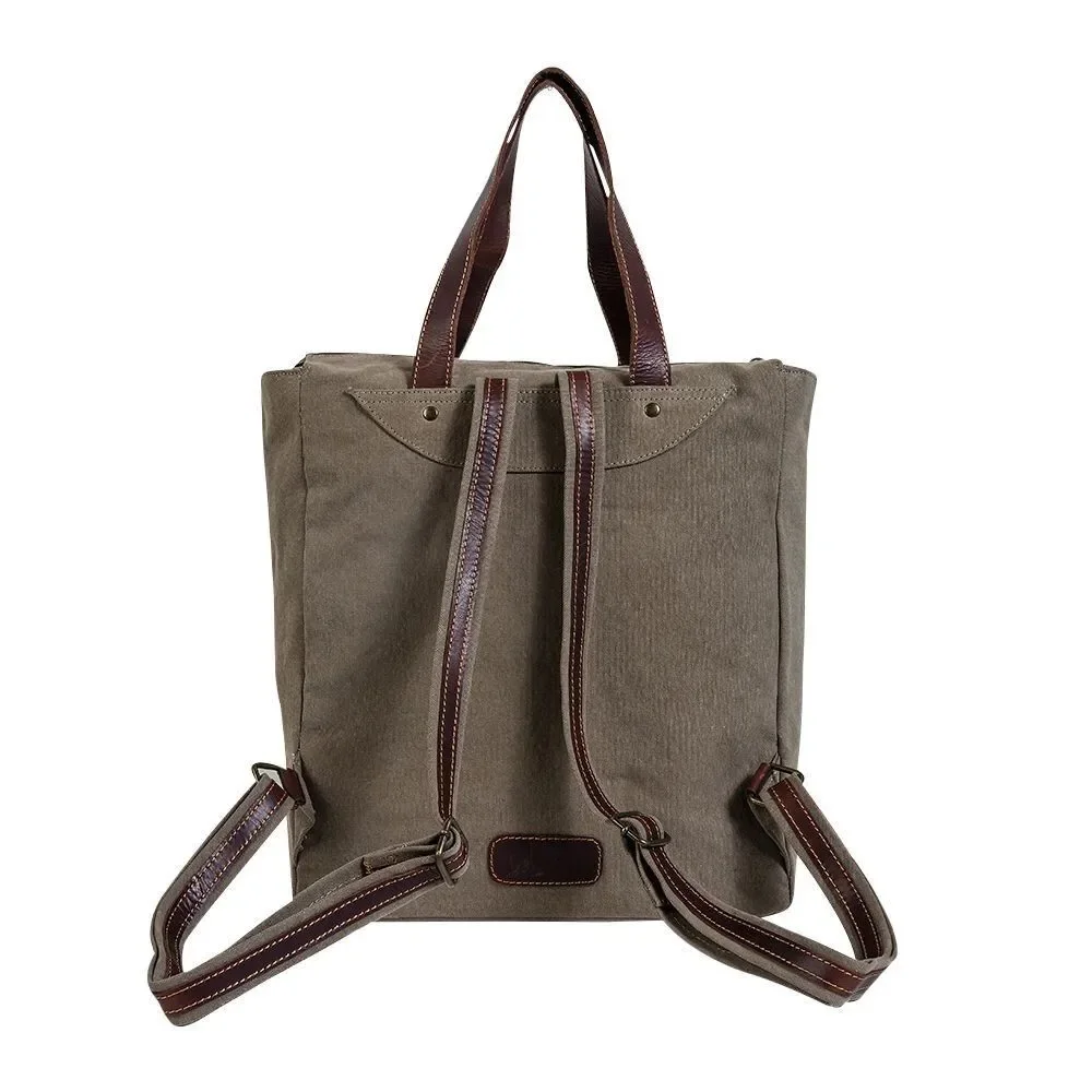 Myra Bag Handmade Yesteryear Backpack Upcycled Canvas & Cowhide Leather